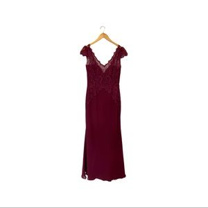 Burgundy lace overlay cap sleeve gown